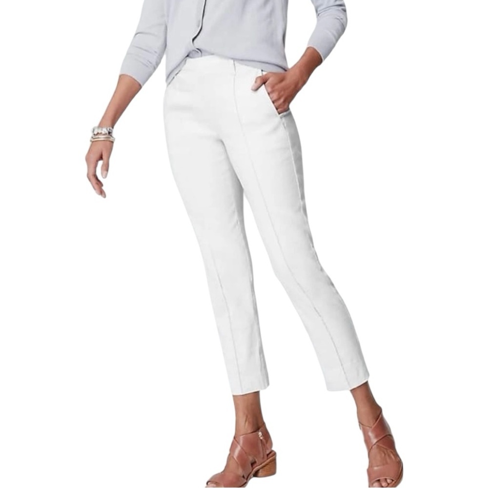 NWT J.Jill White Linen Stretch Pintucked‎ Cropped Slim Leg Pull-On Pants Size LT
